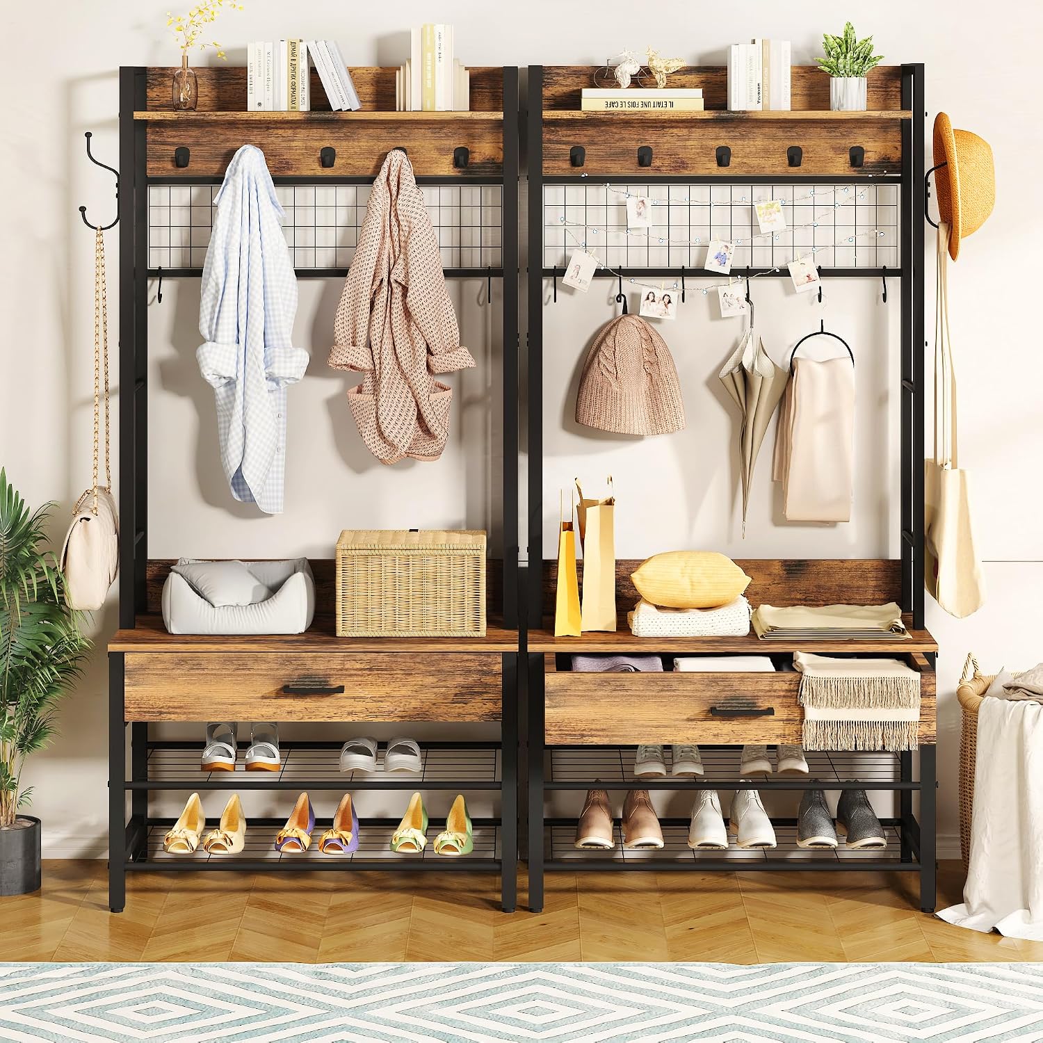DKLGG Hall Tree with Bench and Shoe Storage for Entryway, 5-in-1 Coat Rack with Shoe Storage, Wood Look Accent Shoe and Coat Rack, Farmhouse Hall Tree with 12 Hooks for Mudroom, Bedroom, Living Room