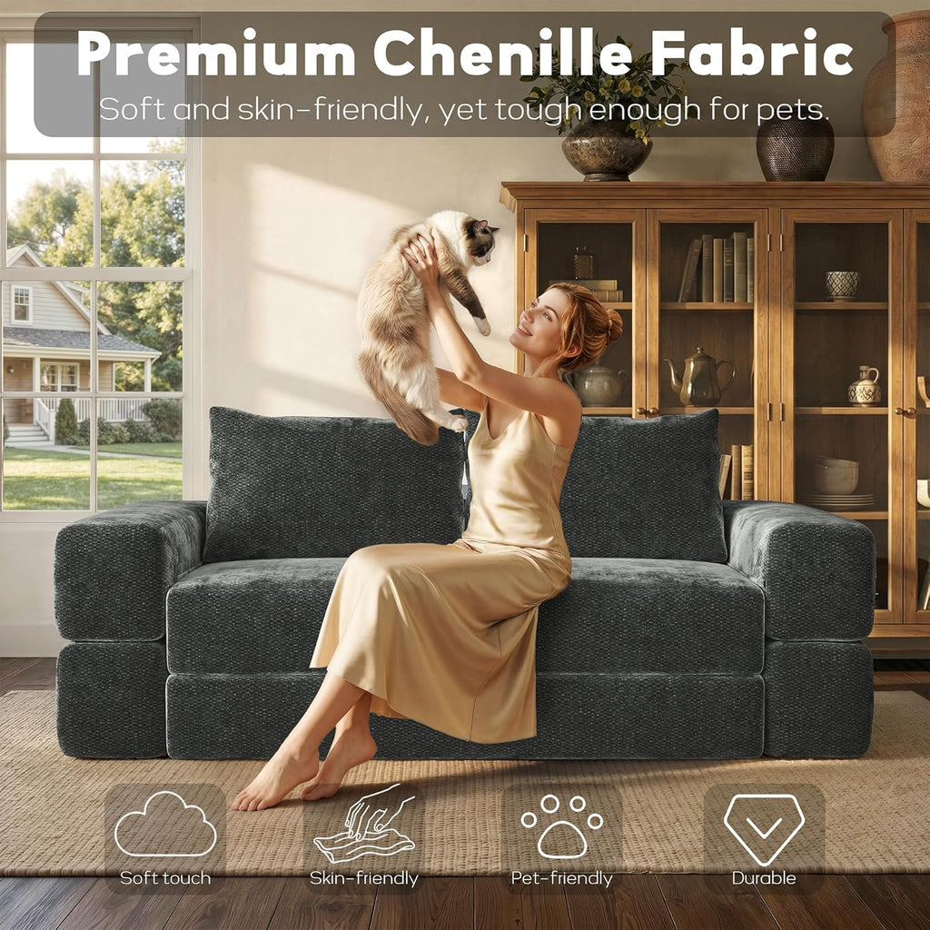 75'' convertible Sofa Couch Bed Queen, Foldable Boneless Couch Sleeper Sofa | 4-in-1 Pull Out Futon Mattress Floor Couch with Large Pillow , No Assembly for Living Room/Bedroom, Chenille, Dark Gray