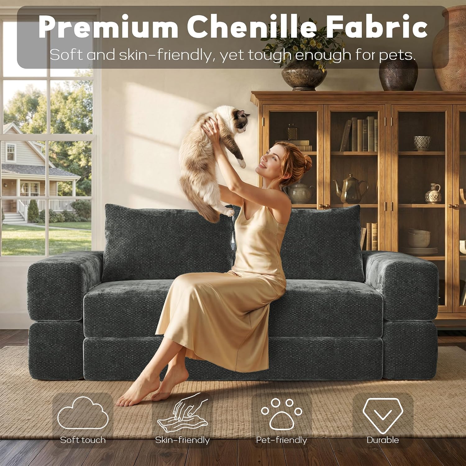 75'' convertible Sofa Couch Bed Queen, Foldable Boneless Couch Sleeper Sofa | 4-in-1 Pull Out Futon Mattress Floor Couch with Large Pillow , No Assembly for Living Room/Bedroom, Chenille, Dark Gray