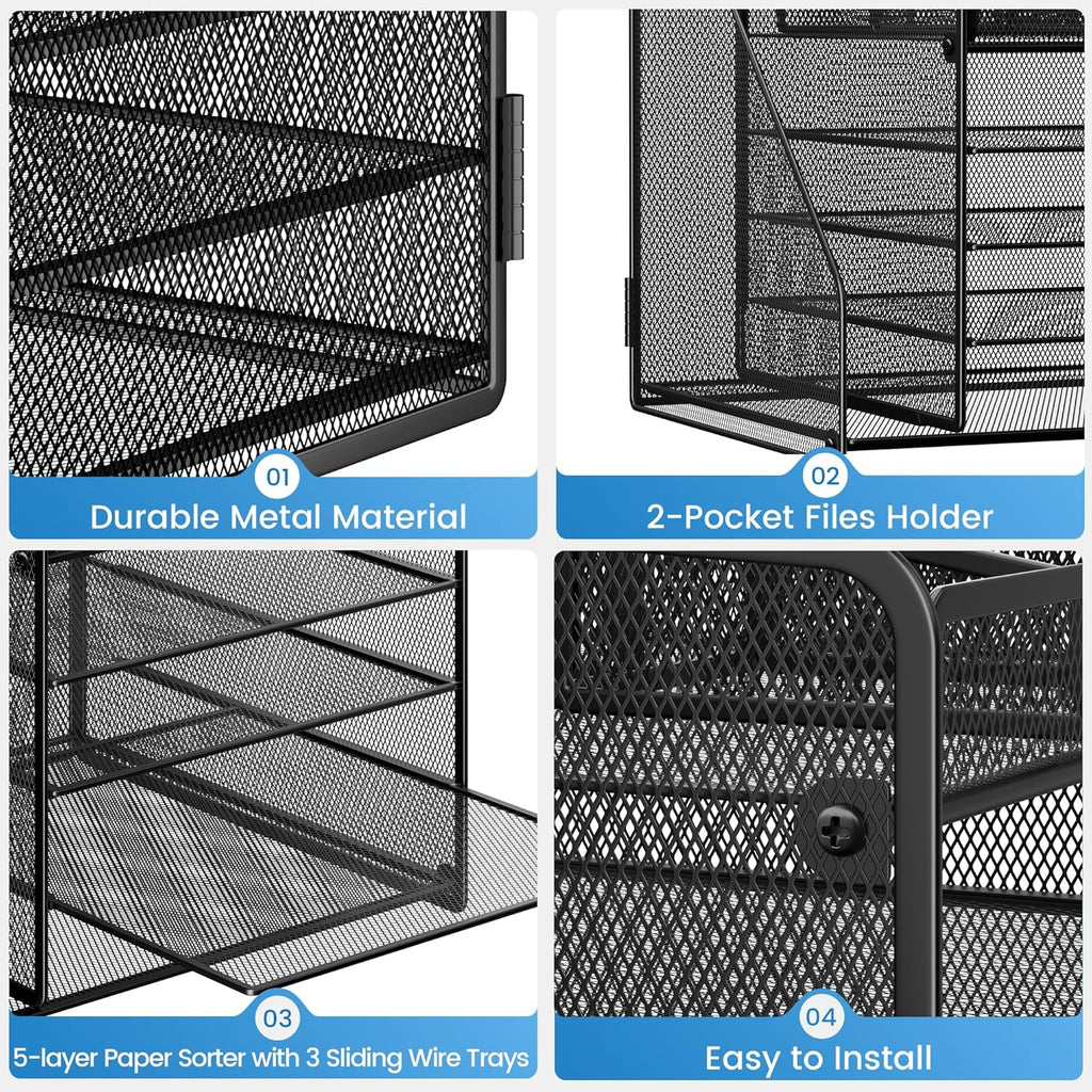 Lavatino Desk Organizer, 5-Tier Metal Mesh Paper Letter Tray with 1 File Holders & 7 Flexible Dividers for Office or Home Desk Organizers and Accessories, Keep Workspace Supplies Neat, Black