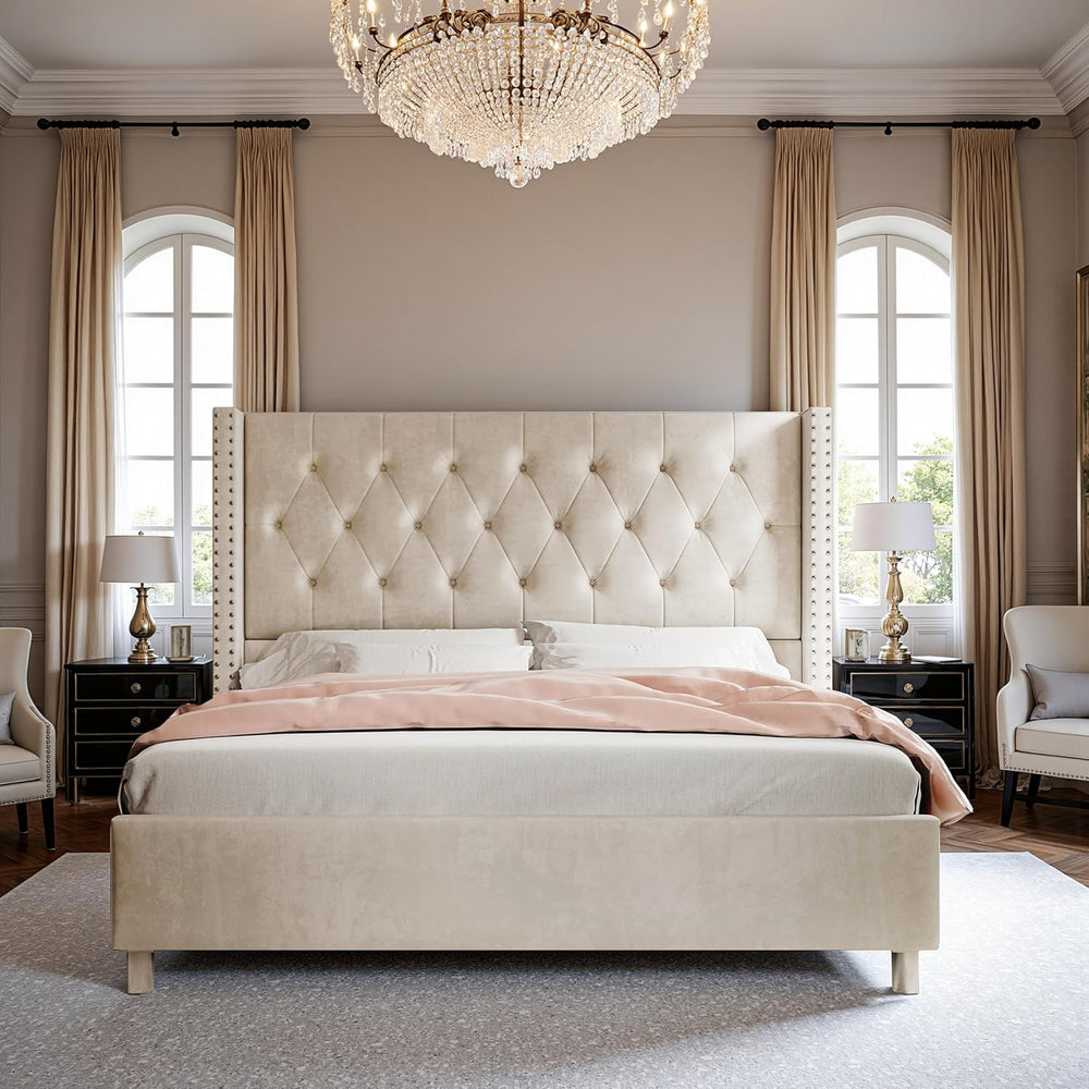 PaPaJet King Velvet Bed Frame with 49.2" Tall Wingback Headboard, Cream