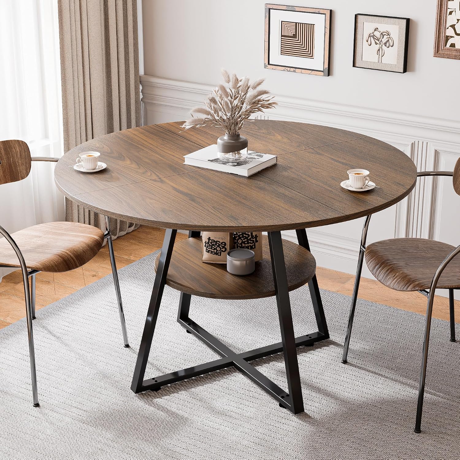GOODONE 47.2 Inch Round Dining Table, Farmhouse Round Kitchen Table for 4, Circle Dinner Table with Wooden Top and Metal Base for Dining Room, Living Room, Kitchen (Brown)
