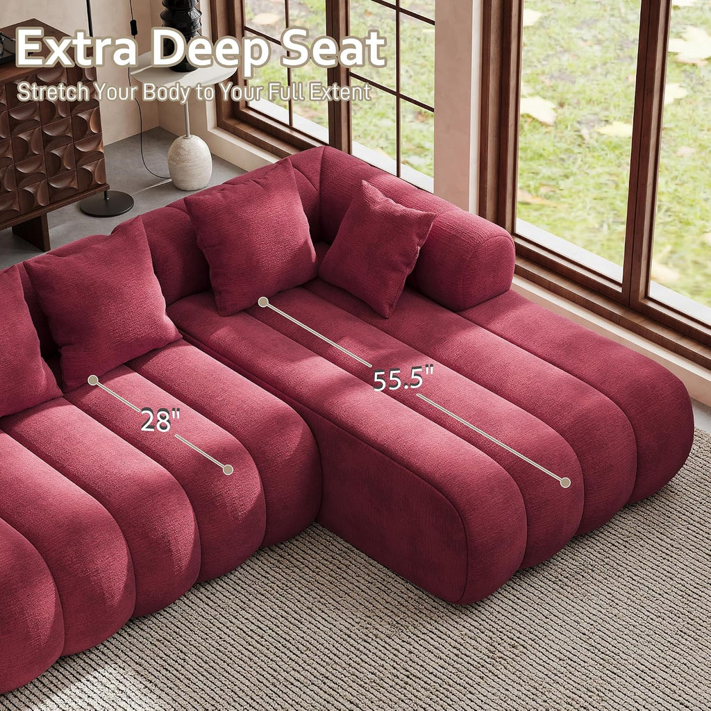 111" Modern Boneless Couch, Chenille Modular Cloud Couch for Living Room, Deep Seat Sectional Sofa with Chaise Lounge, No Assembly Required, Red