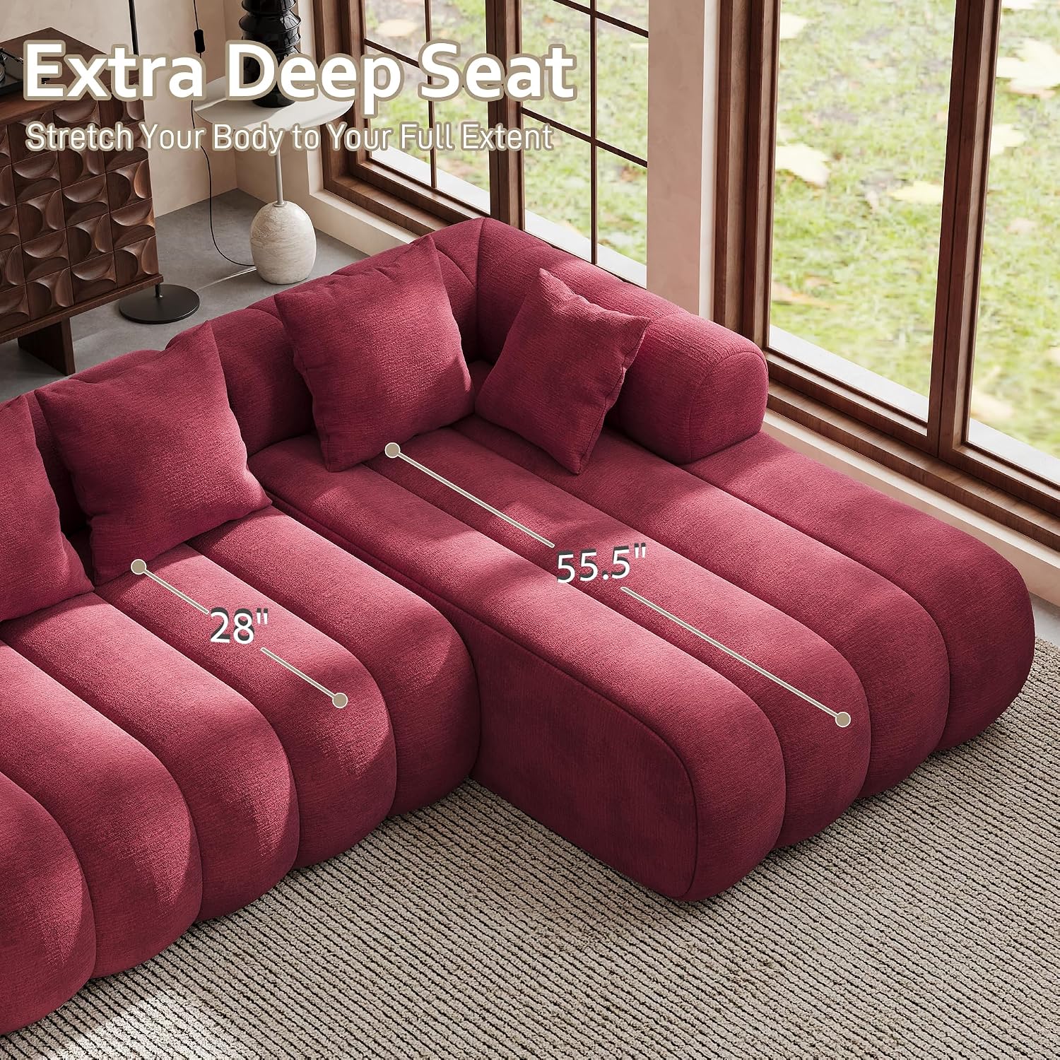 111" Modern Boneless Couch, Chenille Modular Cloud Couch for Living Room, Deep Seat Sectional Sofa with Chaise Lounge, No Assembly Required, Red