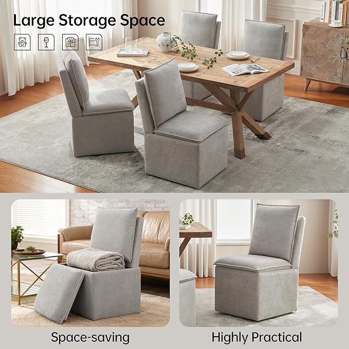 VKNOW Upholstered Dining Chairs, Modern Rolling Chairs with Storage and Wheels, Linen Armless Chair with Cushion and Backrest, Dining Room Chairs for Living Room Kitchen Bedroom, Light Grey