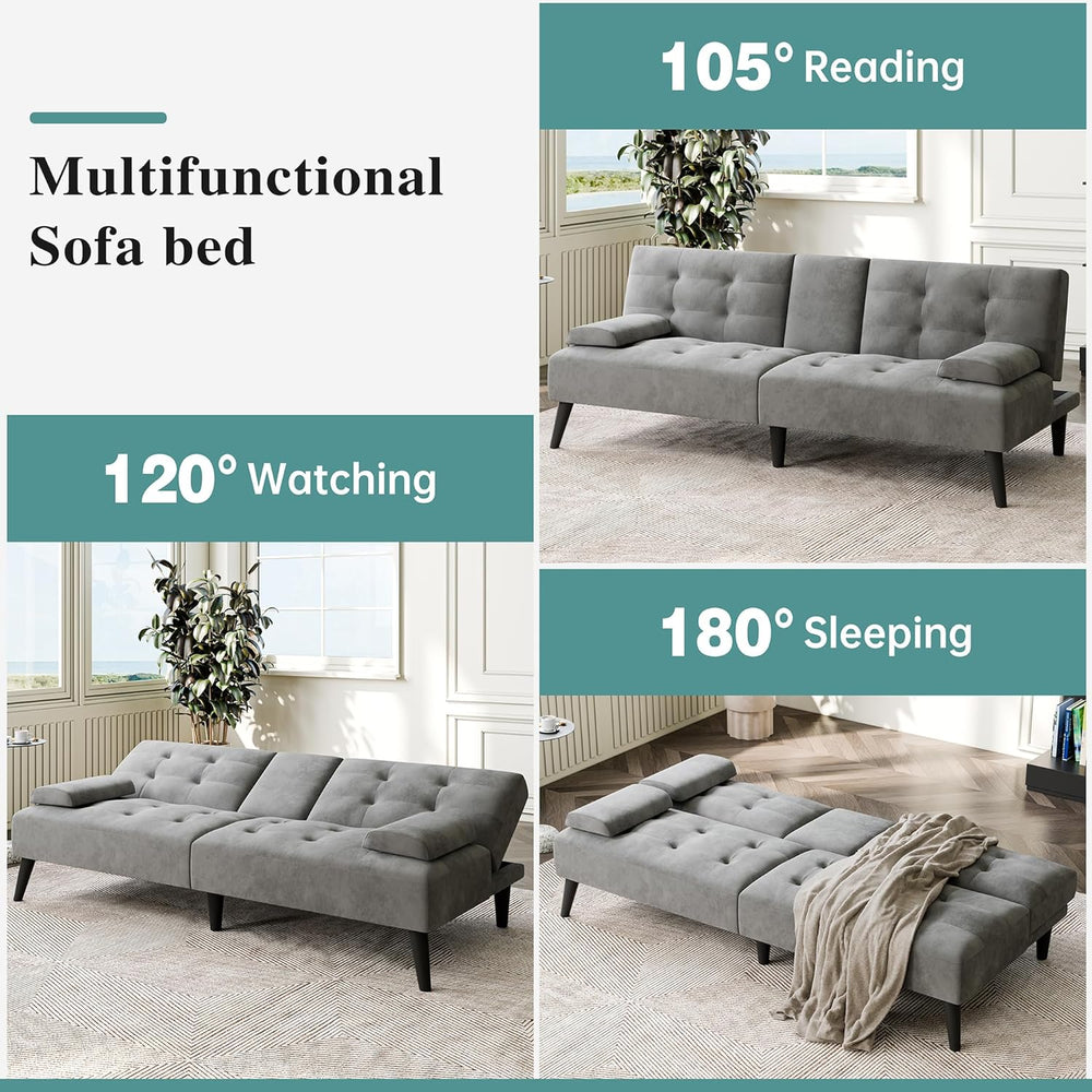 64" Futon Sofa Bed, Convertible Loveseat with 2 Cup Holders, Small Couch...