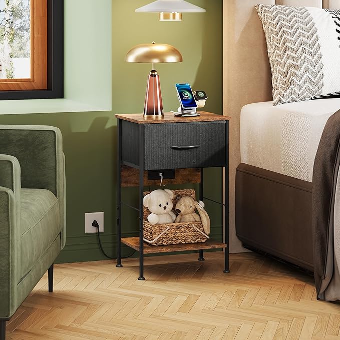 WLIVE Nightstand with Charging Station, Night Stand with 1 Fabric Drawer and ...