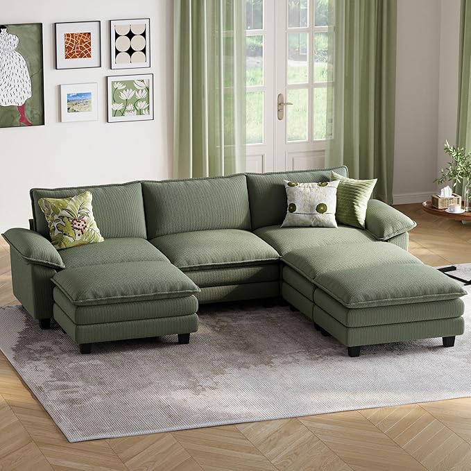 LINSY HOME Modular Sectional Sofa - 123 Inch Oversized Corduroy Cloud Couch with Movable Ottoman Soft Modern Comfy Sofa Set for Living Room Apartment Office, Green