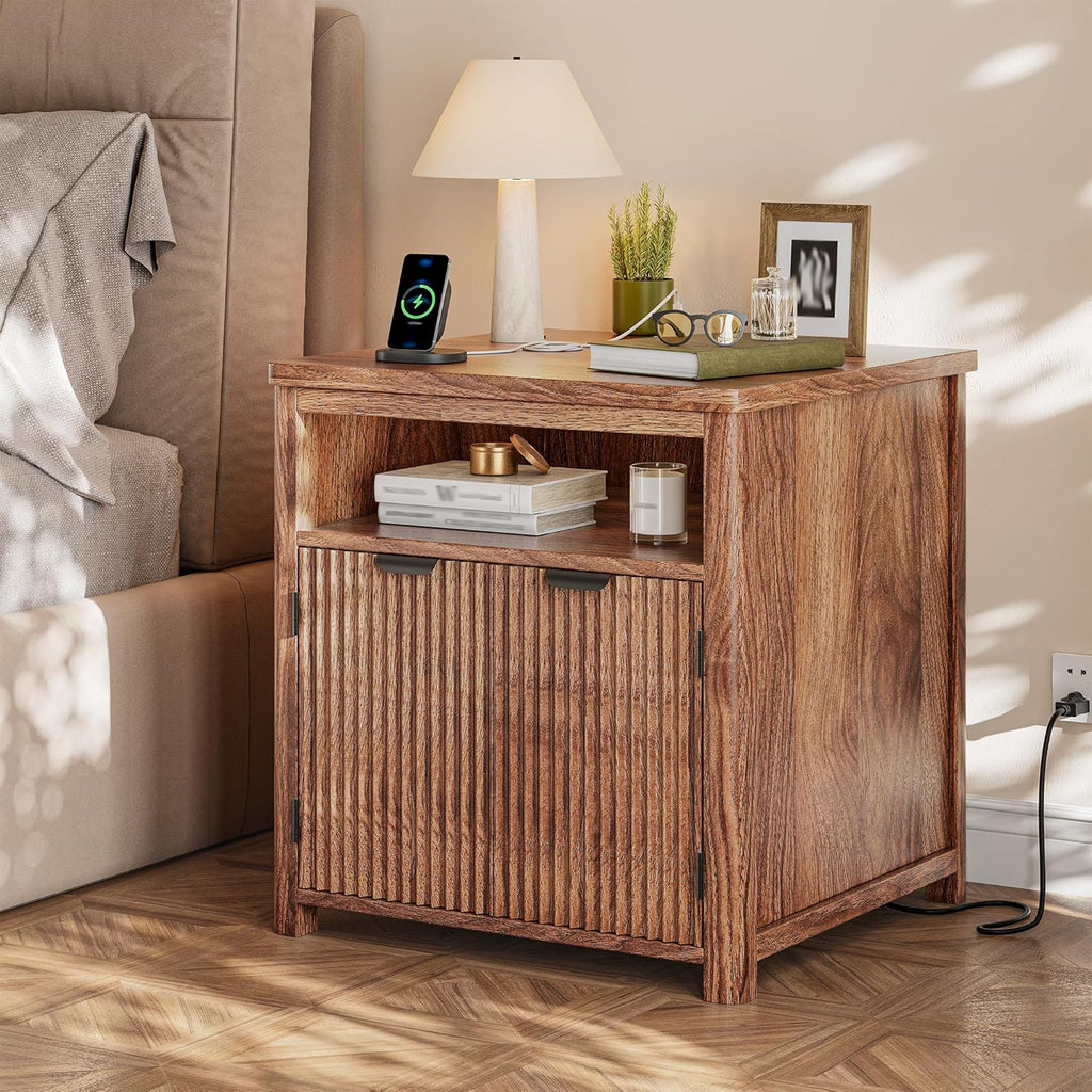 Fluted Nightstand with Charging Stations, 23.6" Wide Walnut Nightstand with Storage Drawers, Side Tables, Modern Farmhouse End Tables for Bedroom, Walnut Brown