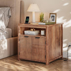 Fluted Nightstand with Charging Stations, 23.6" Wide Walnut Nightstand with Storage Drawers, Side Tables, Modern Farmhouse End Tables for Bedroom, Walnut Brown