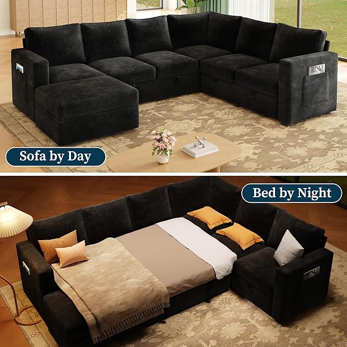 106.7" Sectional Sleeper Sofa with Pull Out Couch, Modern 7 Seat U Shaped Modular Couch, Sectionals Modular Sofa with Storage, Comfy Sectional Couches for Living Room & Apartment, Black