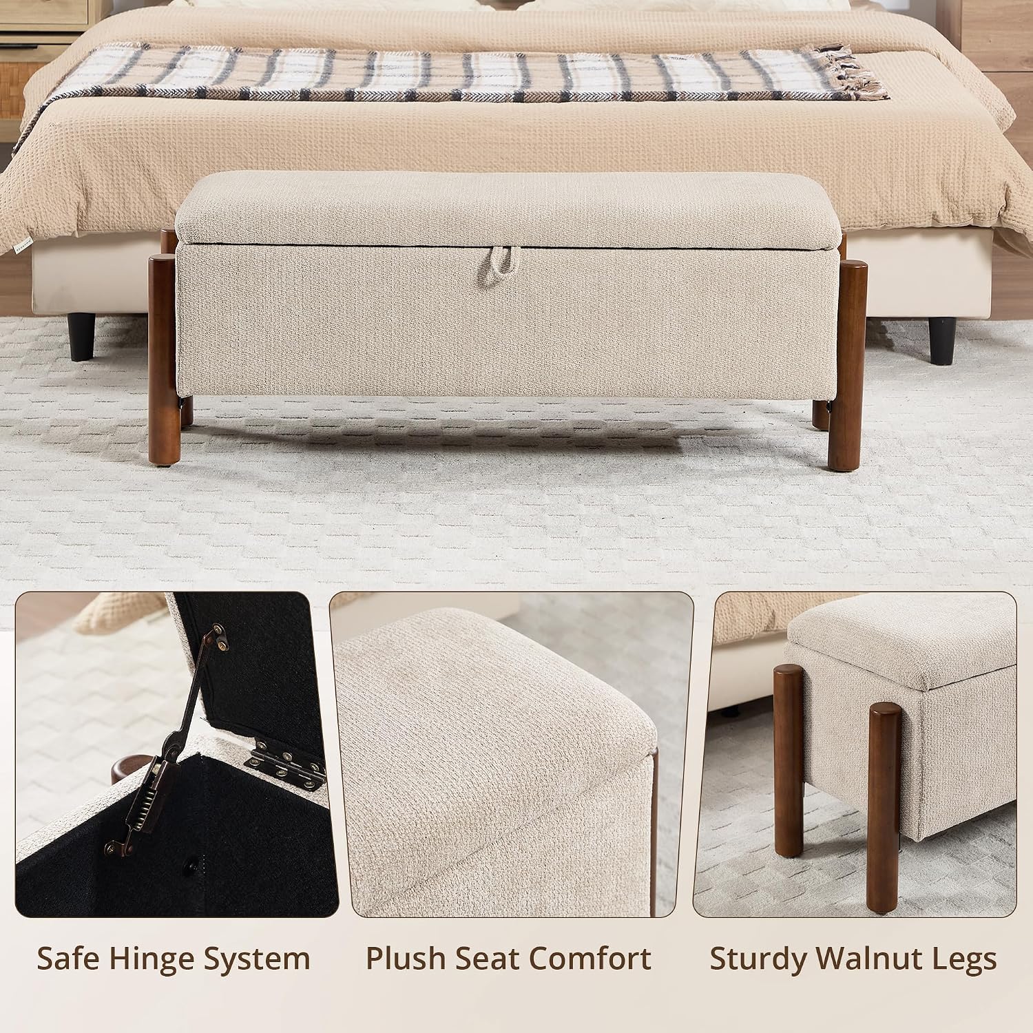47'' Modern Storage Ottoman Benches with Walnut Wood Legs Ottoman Bench with 22 Gallons Storage Space Fabric Upholstered Seating End of Bed Bench for Bedroom for Livingroom Beige