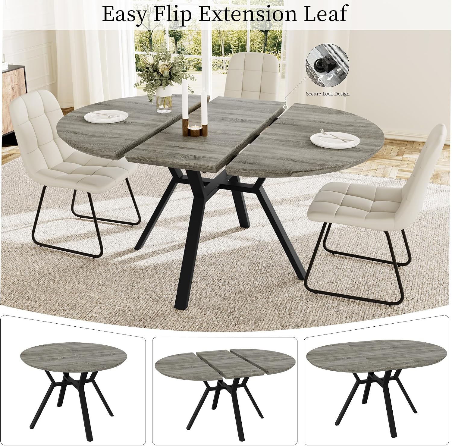 HIPIHOM Extendable Round Dining Table Set for 6 People, 43.3"-59.1" Extendable Kitchen Table with 6 Upholstered Chairs, Space Saving for Kitchen Dining Room (Grey Table+6 U-Shaped White Chairs)