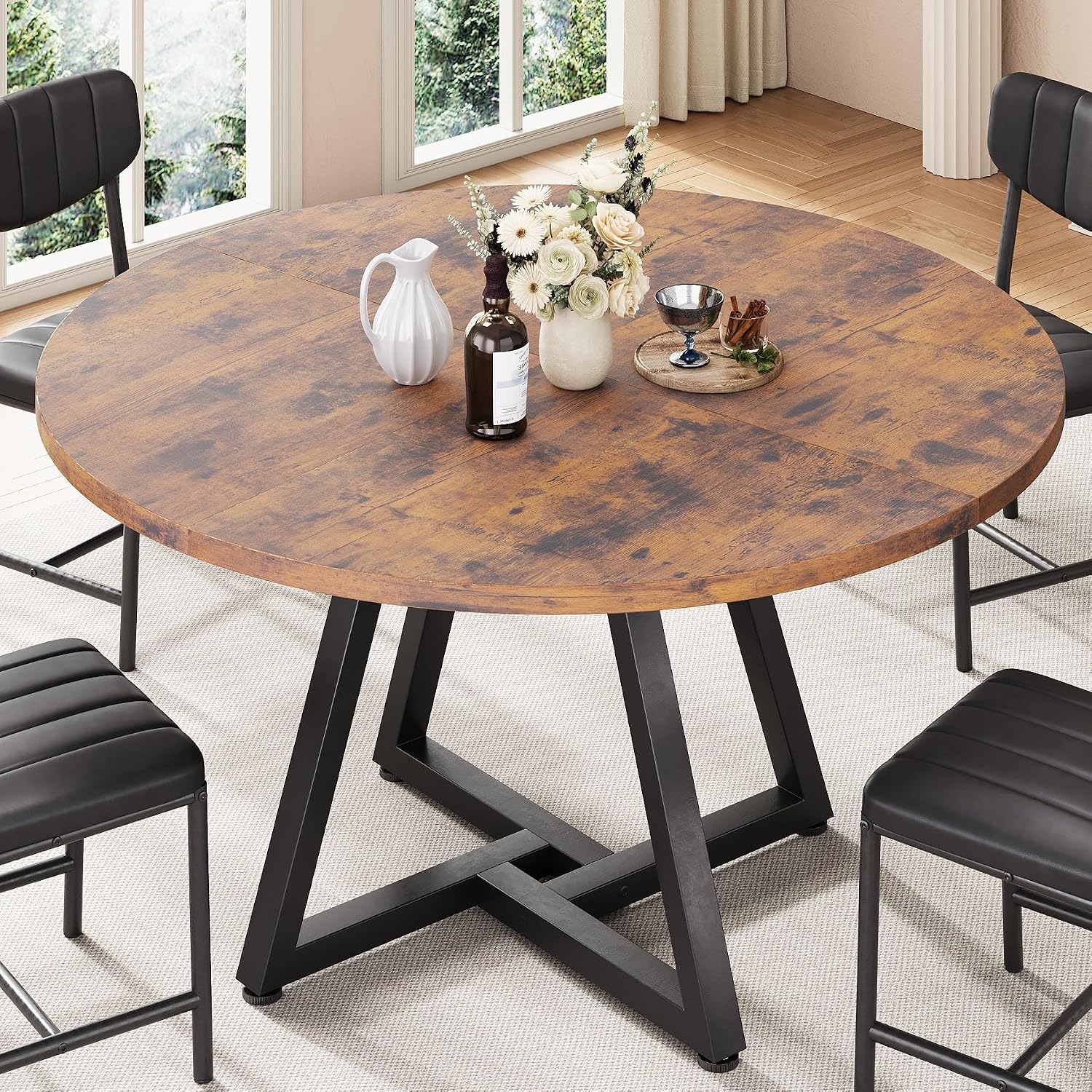 Jocoevol Round Dining Table Kitchen Dining Room Circle Dinner Pedestal Table for 4, Space Saving Wood Kitchen & Dining Room Furniture (Rustic Brwon)