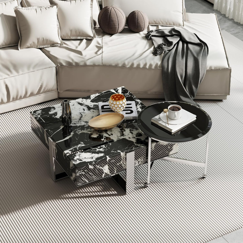 BQueen Modern 2-Piece Luxury Coffee Table Set, Square Black Faux Marble Coffe...