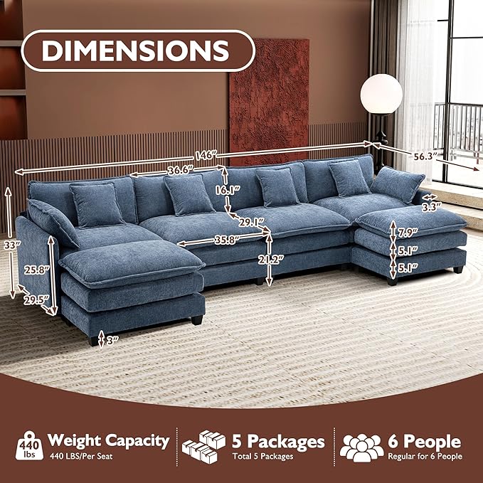Ihanherry 146" U-Shaped Modern Sofa Modular Sectional Cloud Couch with 2 Ottoman, 6-Seat Chenille Deep Seat Sofa with 6 Pillows for Living Room, Bedroom and Apartment, Blue