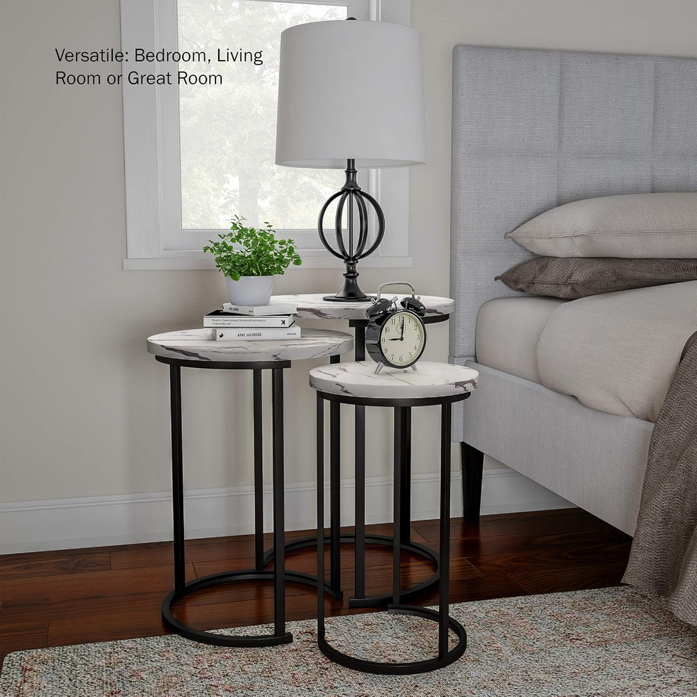 Lavish Home Round Nesting Tables Set of 3, Faux Marble Tabletop, White | 25”H...
