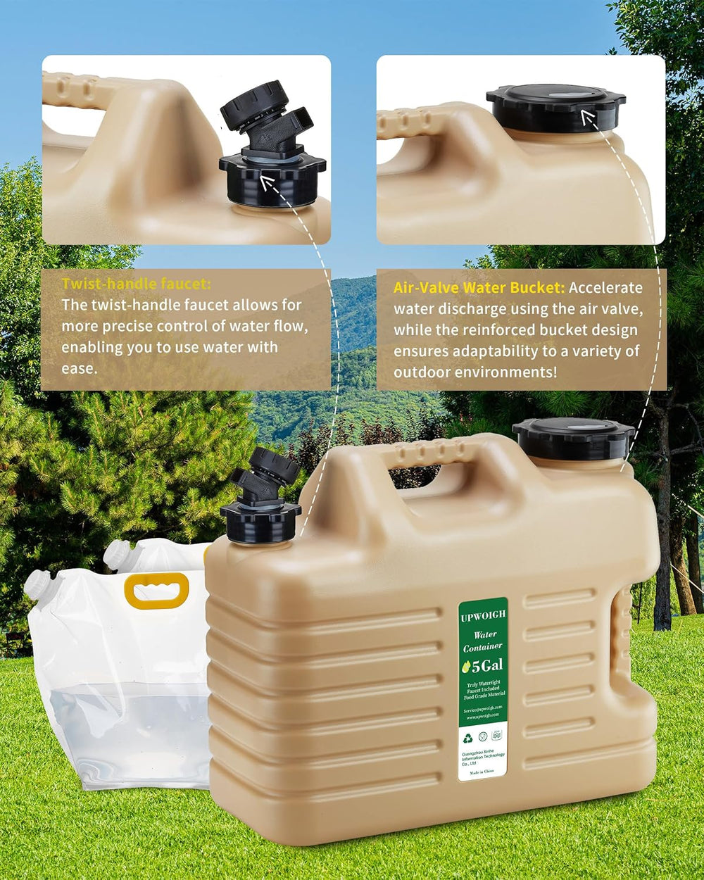 UPWOIGH 5 Gallon Water Jug & 2.6 Gal Collapsible Water Bag Set