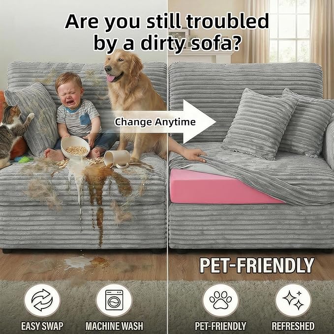 Modular Floor Sofa, Cozy Corduroy Sectional Couch with Fully Washable Covers, Frameless L Shaped Couch for Living Room, Family & Pet Friendly Lounge, No Assembly(Light Gray,Left Facing Chaise)