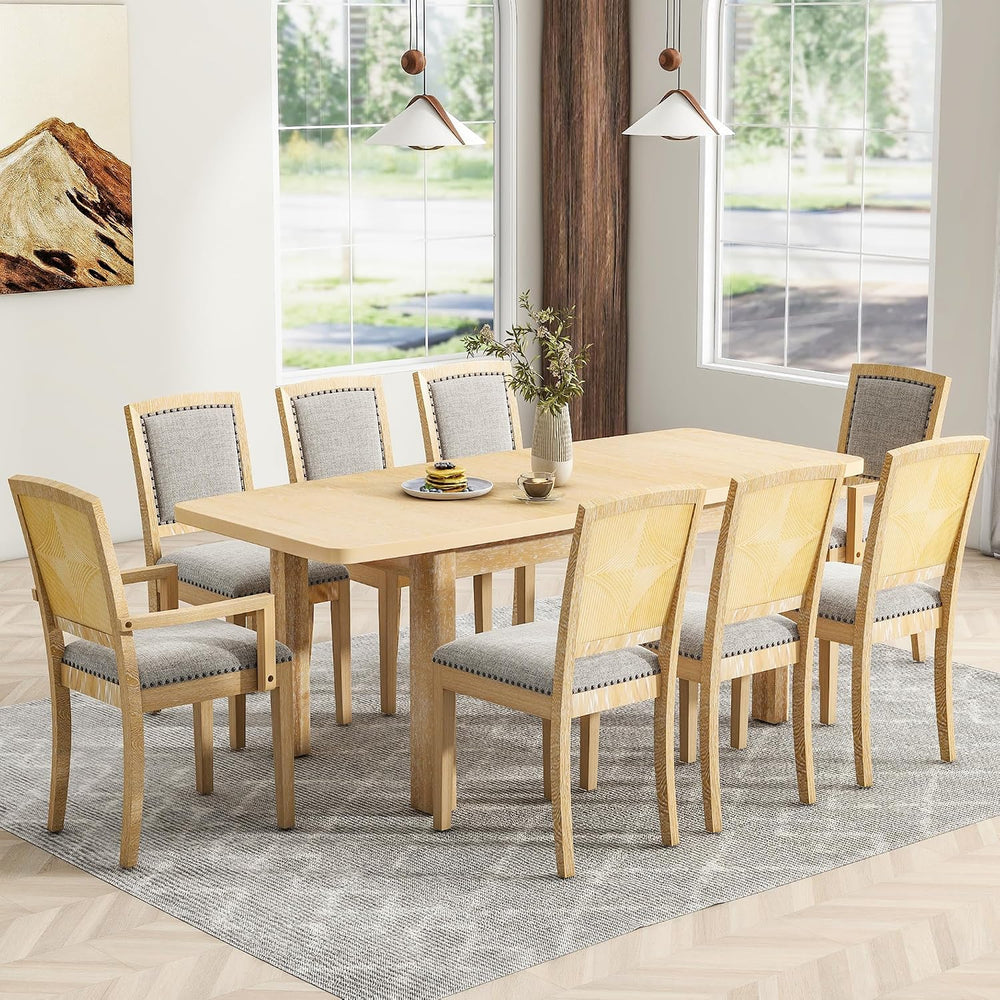 9-Piece Dining Table Set, Extendable 84", 6 Chairs + 2 Armchairs