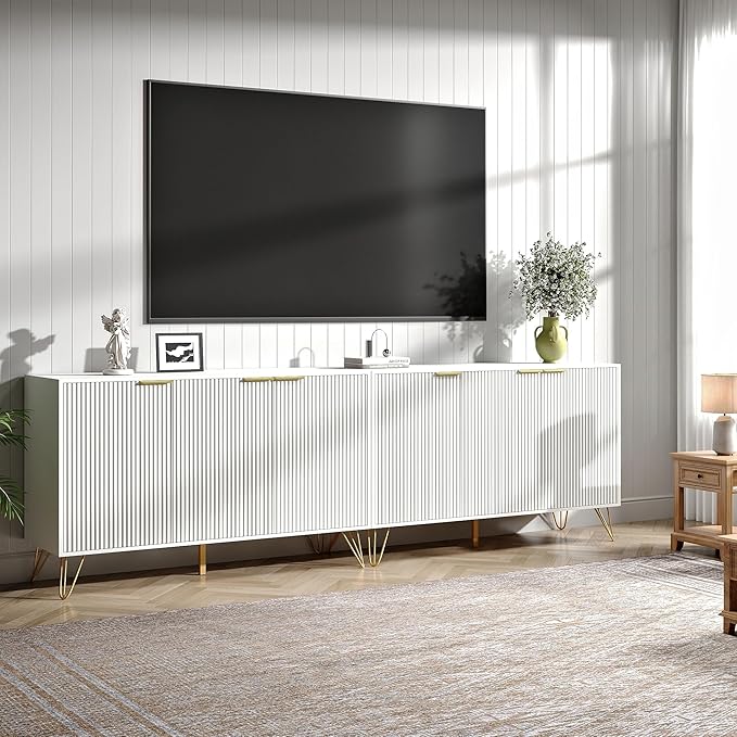 Fluted White TV Stand for 100 Inch TV,Modern White TV Stands for Living Room,TV Console with Storage Cabinets,Entertainment Center with Adjustable Shelves & Gold Handles,Wood Media Cabinet