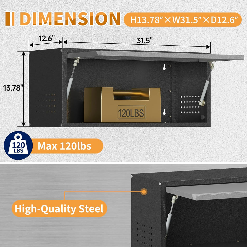 Metal Garage Wall Cabinet with Up-Flip Door,Wall-Mounted Steel Storage Cabinet, Float Tool Cabinet with Pegboard,Upper Cabinet for Kitchen,Garage,Workshop,Warehouse(13.8" H,Black&Gray)