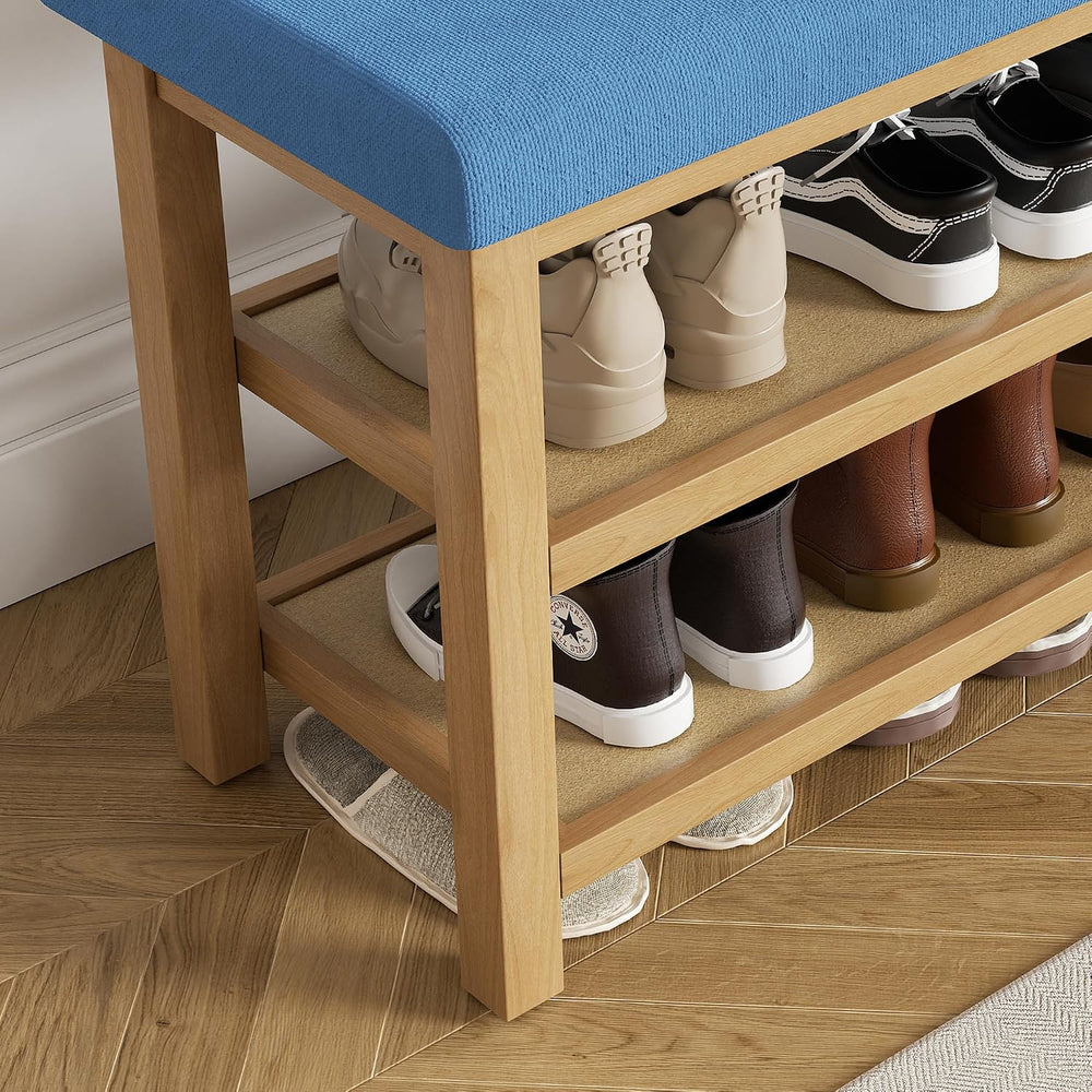 2 Tier Shoe Rack Bench with Cushion, Rubberwood Shoe Benches, Mid-Century Mod...