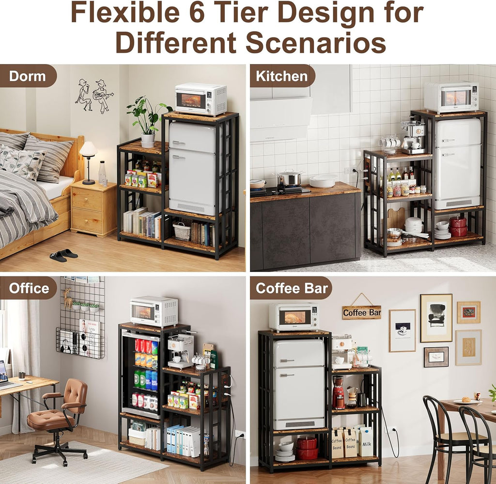 Mini Fridge Stand Coffee Bar Cabinet Station With Small Refrigerator Insert Storage Space, Shelf Organizer For Dorm Microwave To Sit On, Baker Rack With Power Outlet, Big Table To Go Over Hide Fridge
