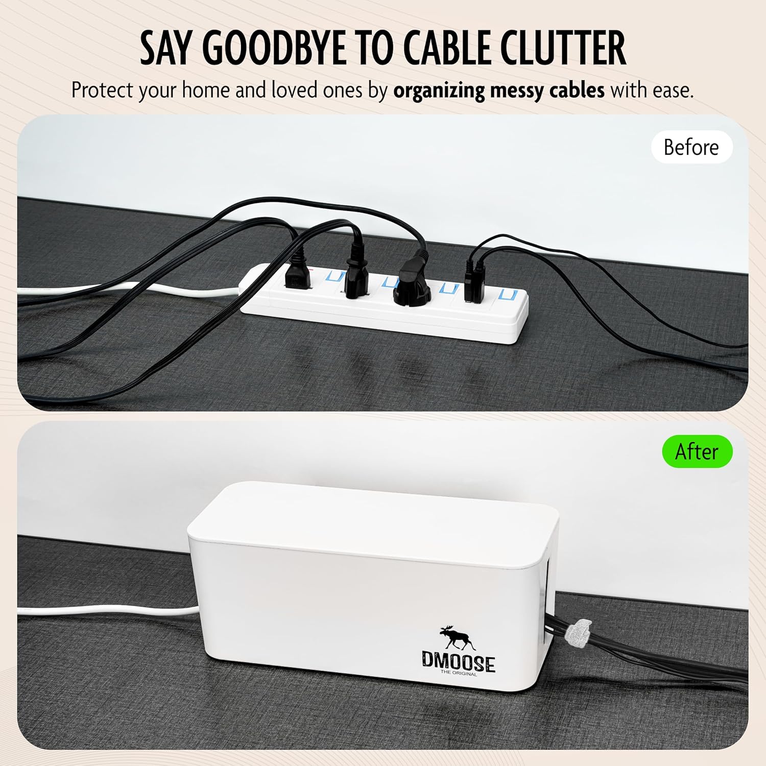 DMoose Cable Management Box - 2 Pack Medium & Large Cord Organizer for Desk & Floor - Cable Organizer Box for Child & Pet - Cable Box Hider for Tidy Office & Home, Power Strip Cover (White, Pack of 2)