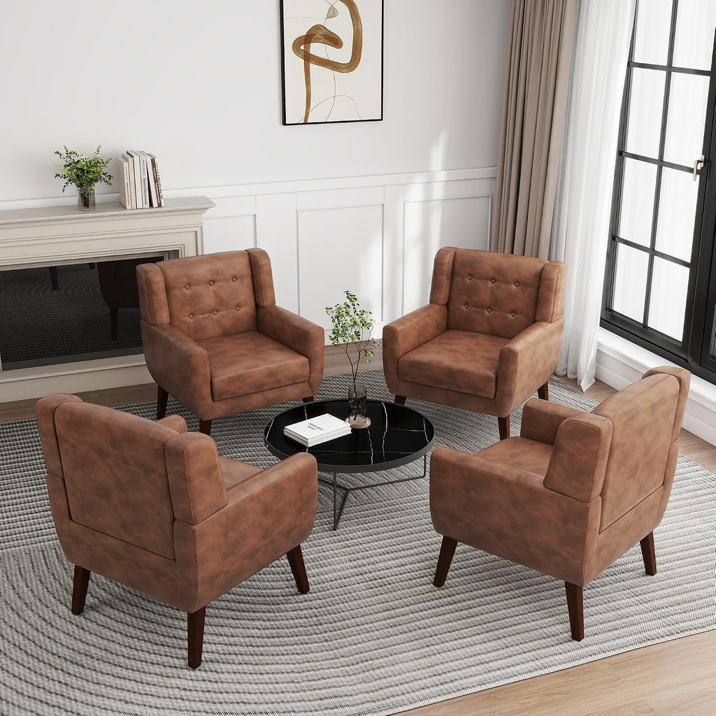 PU Leather Accent Chair, Modern Upholstered Armchair, Coffee | Comfy Wingback Chair with Removable Cushion, Wood Frame, Button Tufted Living Room Chair Bedroom Side Reading Seat