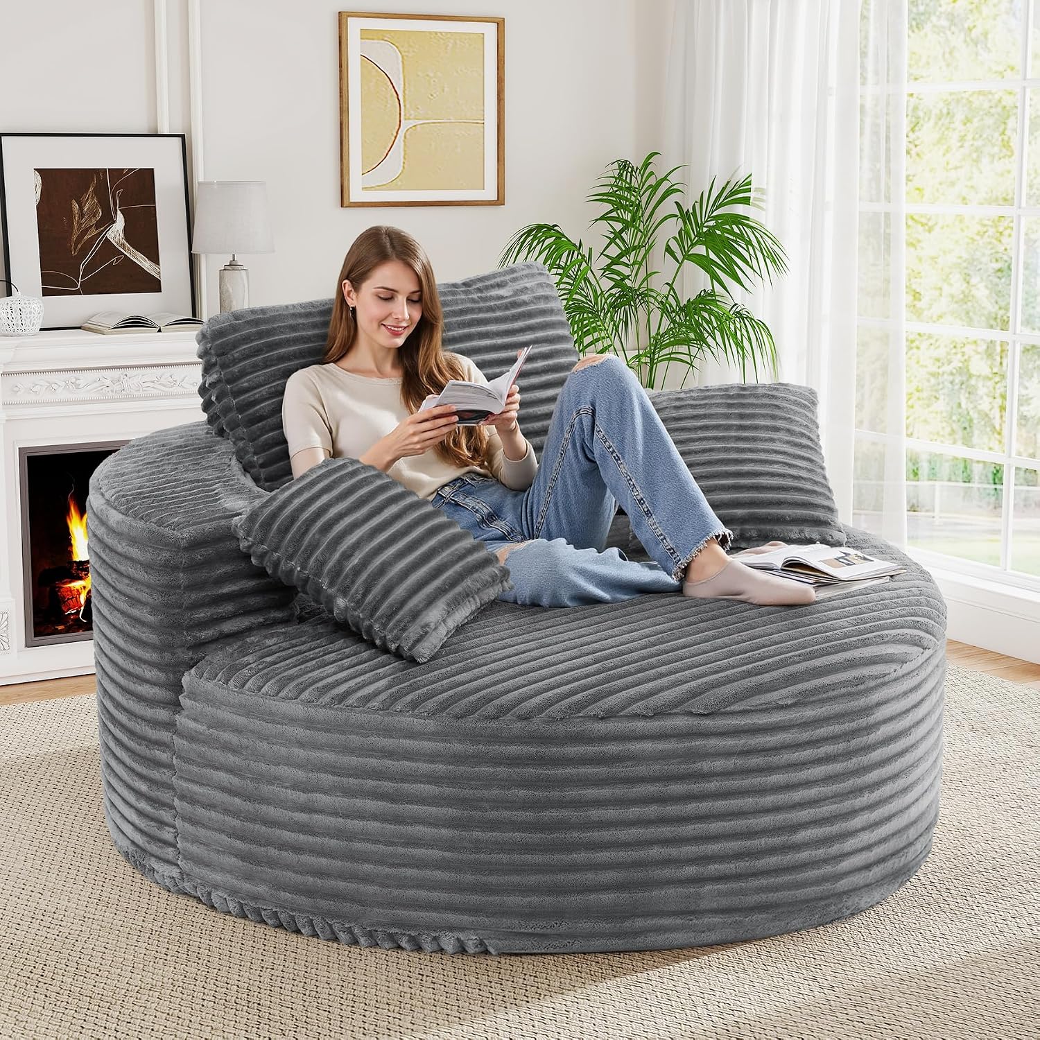 55''W 3.5CM Corduroy Single Foam Sofa, Oversized Round Chair with Pillows, Modern Sleeper for Living Rooms, Lounges, Nurseries and Projection Rooms, Wide-Arm Lounge Chair Armchair, Dark Grey