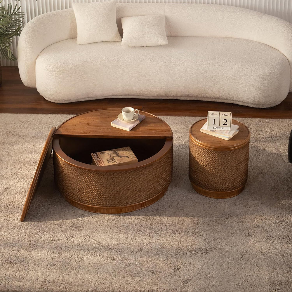 Round Rattan Coffee Table Set of 2 with Lift-Off Lid Storage, Boho-Chic End T...