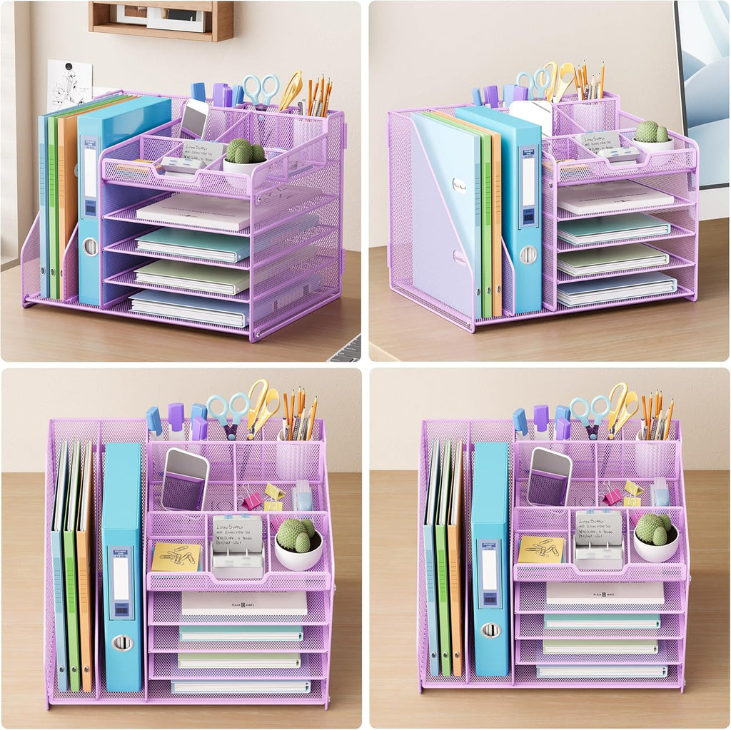 Lavatino 5-Tier Desk Organizer with 2 File Holders, Metal Adjustable Paper Letter Tray for Office or Home Desk Organizers and Accessories | 7 Flexible Dividers Keep Workspace Supplies Neat, Purple