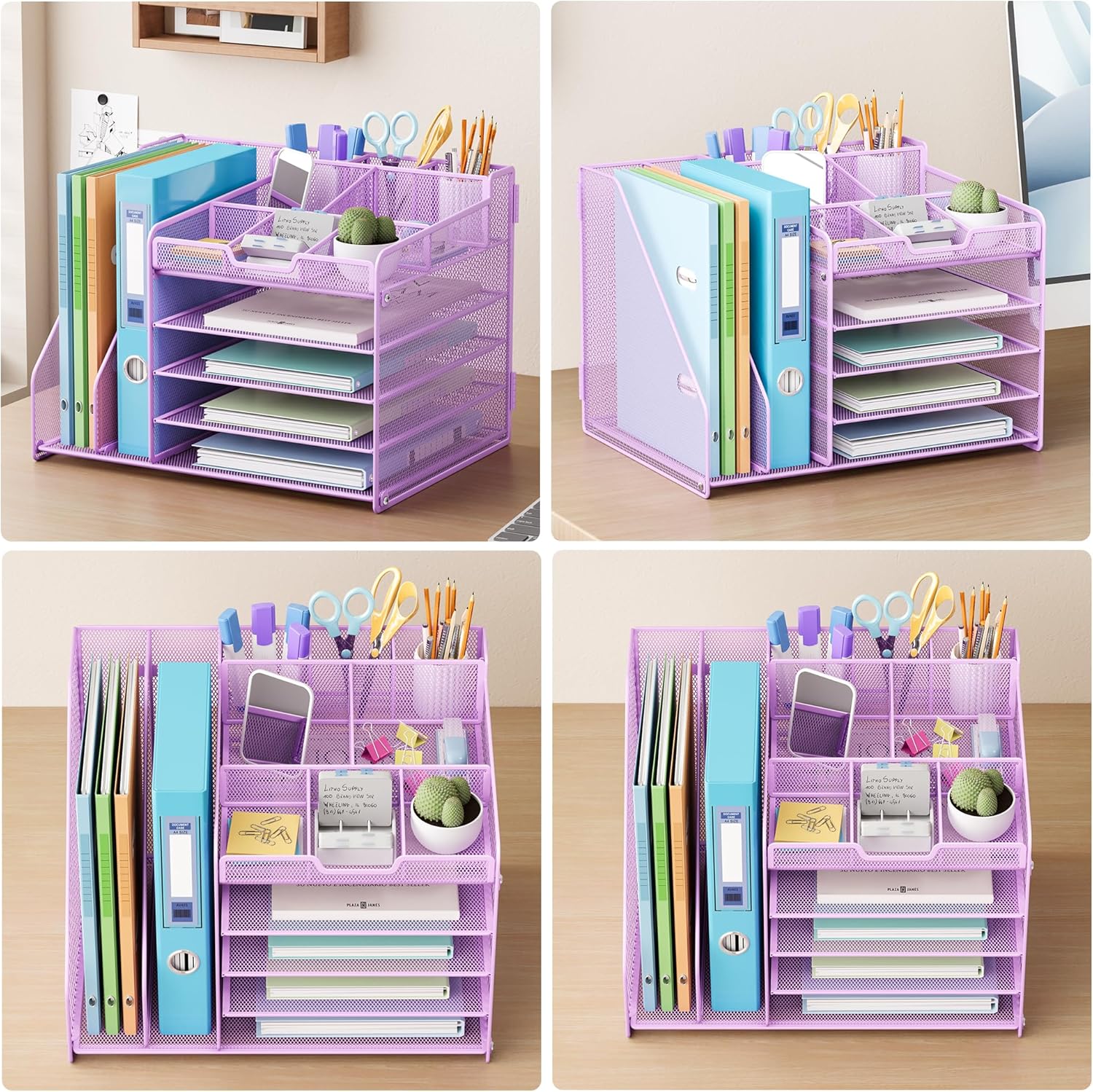 Lavatino 5-Tier Desk Organizer with 2 File Holders, Metal Adjustable Paper Letter Tray for Office or Home Desk Organizers and Accessories | 7 Flexible Dividers Keep Workspace Supplies Neat, Purple