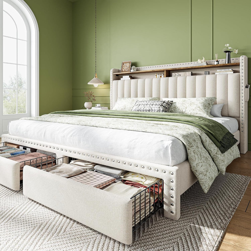 EnHomee King Size Bed Frame with 2 Drawer & 2-Tier Storage Headboard Shelf