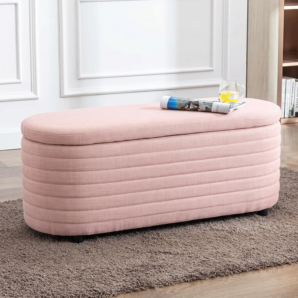 45.5" Modern Storage Ottoman Bench, Pink | Boucle Bench, Linen Fabric, S...