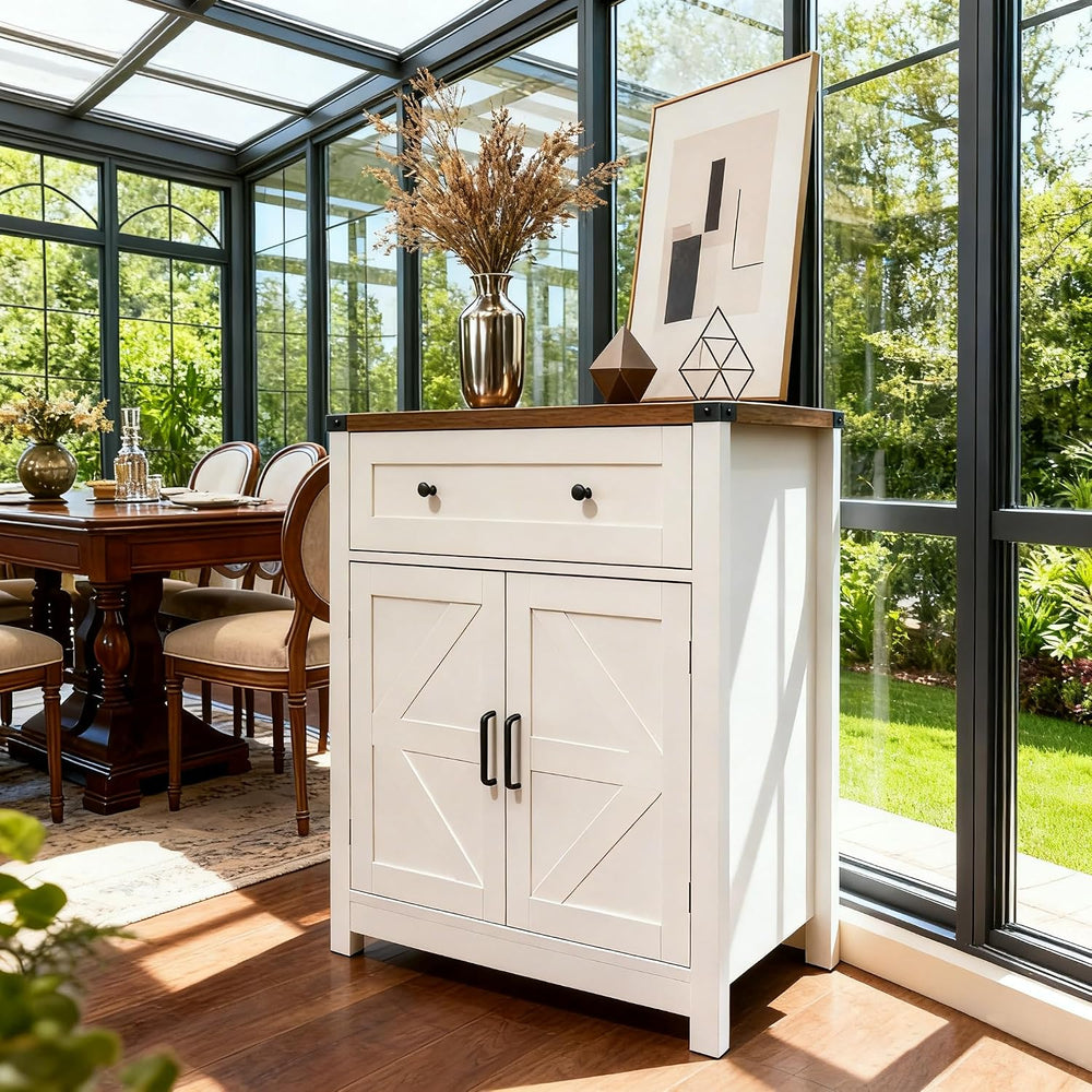 Farmhouse Barn Door Storage Cabinet with Drawer, White Wood Grain Coffee Bar ...