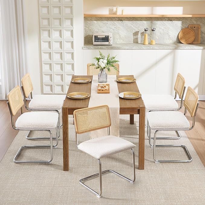 Zesthouse Natural Rattan Dining Chairs Set of 4, Modern Kitchen Chairs with Solid Wood Back for Dining Room Living Room, Mid Century Breuer Design Inspired, Upholstered Boule Fabric, White