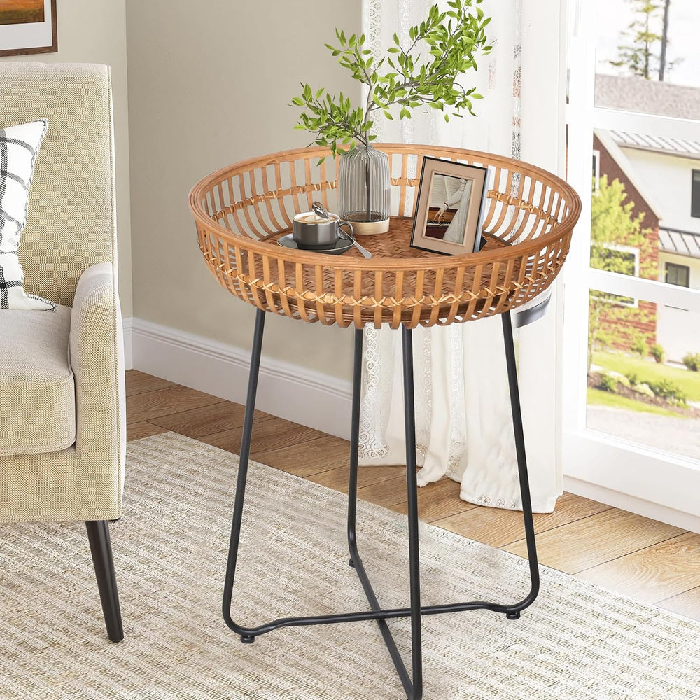 Oakrain Small End Table, Small Round Coffee, Bamboo&Rattan, Accent Table ...