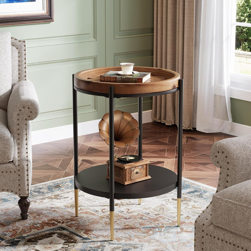 Tribesigns Round Side Table, 2-Tier End Table with Solid Wood and Metal, Indu...