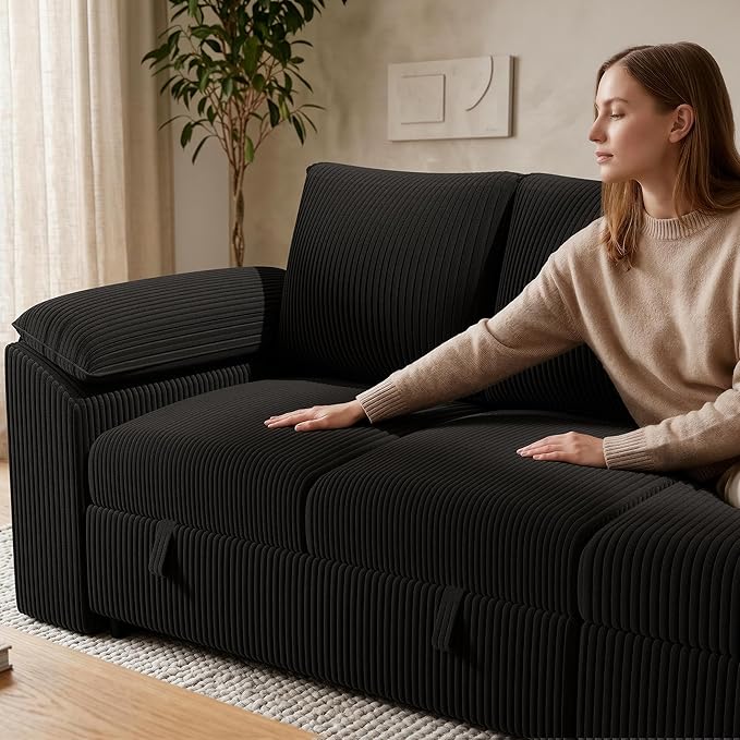 85 Inch Sectional Sleeper Sofa Bed with Pull Out Couch, U Shaped 5 Seat Cloud Modular Sectional Sofa with Storage, Corduroy Sectional Couches for Living Room, Removable Sofa Cover, Dark Grey