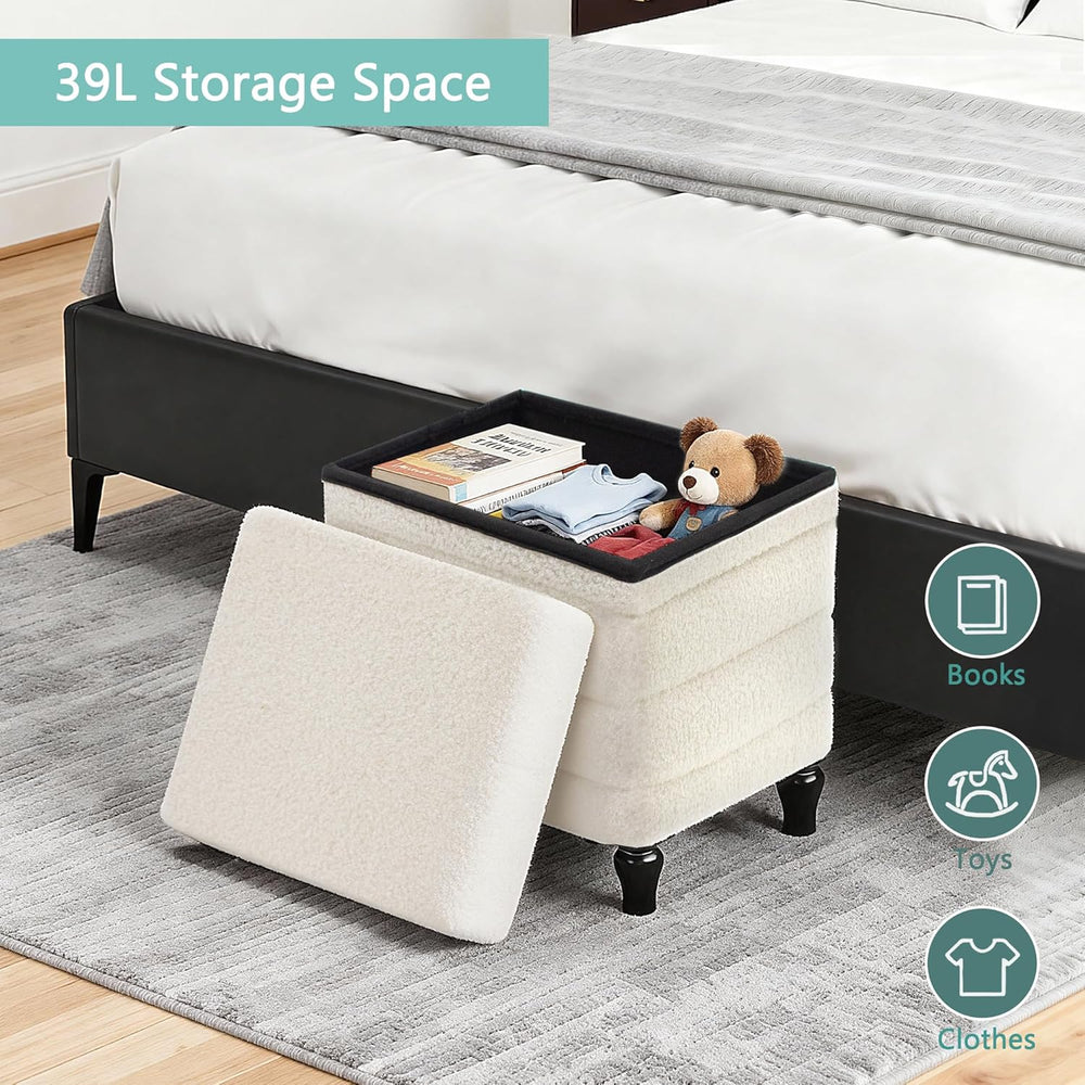 CAROLMADE Folding Storage Ottoman Cube Sherpa Footstool with Wood Legs Ottoma...