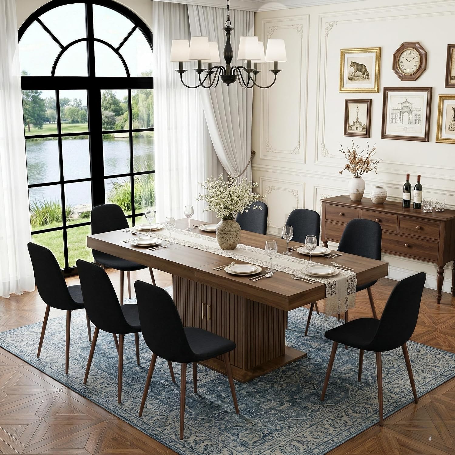 Extendable Dining Table Set for 8, 63-79 Inch Brown Kitchen Table Set with 8 Black Linen-Cotton Chairs with Walnut Metal Legs,Wood Storage (Table + Black Walnut Chairs, 1 Table + 8 Chairs)
