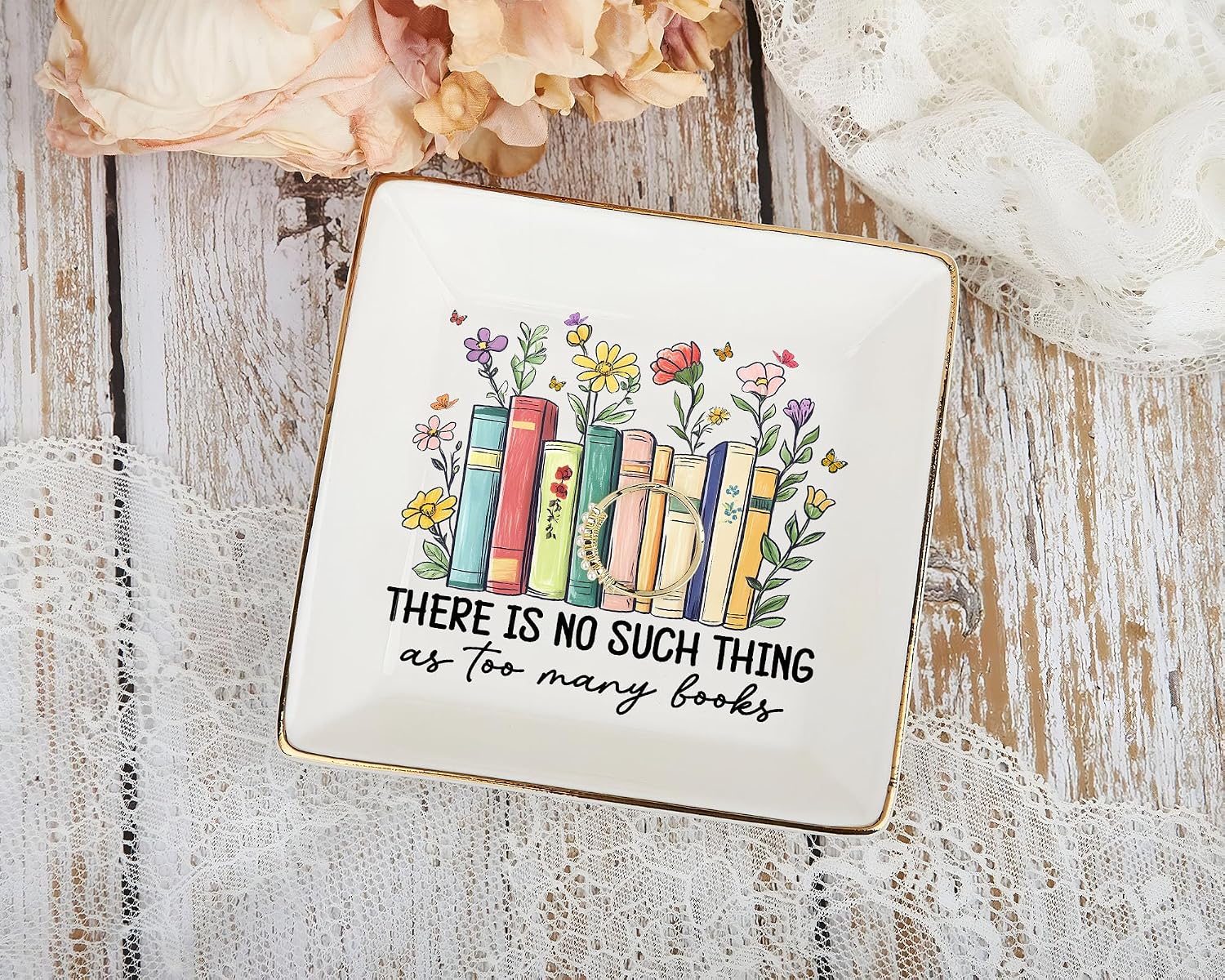 Book Lovers Gifts for Women – Floral Books 4" Jewelry Dish – Bookish Gift for Readers, Librarian, Bookworm, Teacher, Mom, Sister, Friend – Library Gifts, Book Gift for Birthday, Mother Day, Graduation