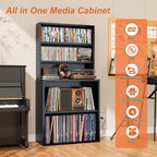 CD Storage Rack, 5-Tier DVD Organizer Shelf with Record Player Stand, Media Cabinet for CDs, DVDs, Albums, Books & Games, Vinyl Record Holder & CD Tower for Living Room, Music Room (Black)
