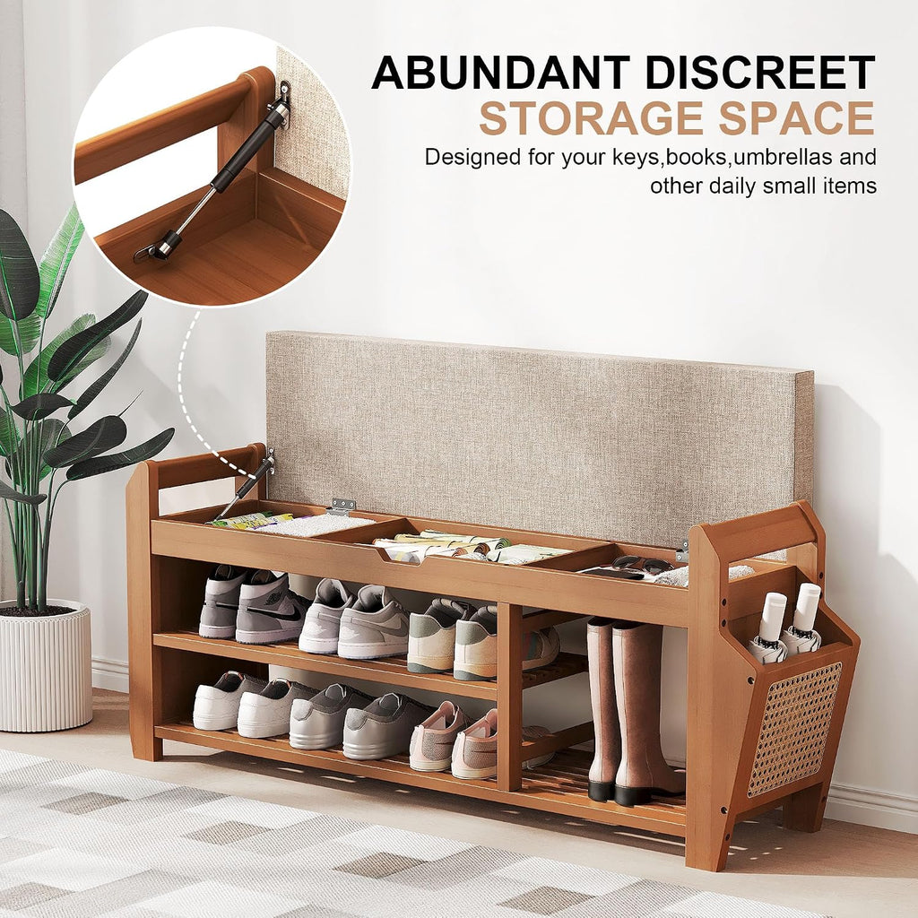 PETKABOO 39.4" Bamboo Shoe Rack Bench, 3-Tier Entryway Bench with Thick Cushion, Flip-Top & Side Storage, Holds Up to 550 LBS for Hallway, Living Room, Bedroom