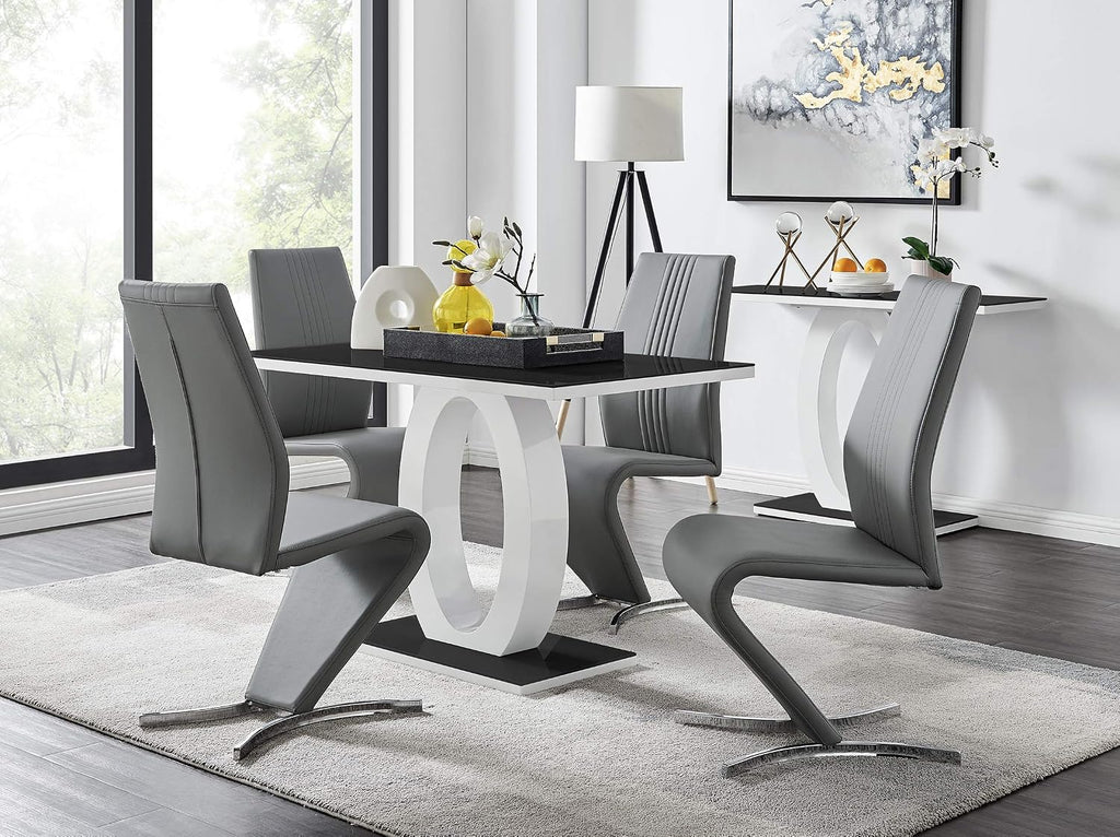 Furniturebox UK Giovani Black & White High Gloss Glass Dining Table with 4 Willow Chairs (Black & White High Gloss Glass Dining Table Set with 4 Elephant Grey Willow Chairs)