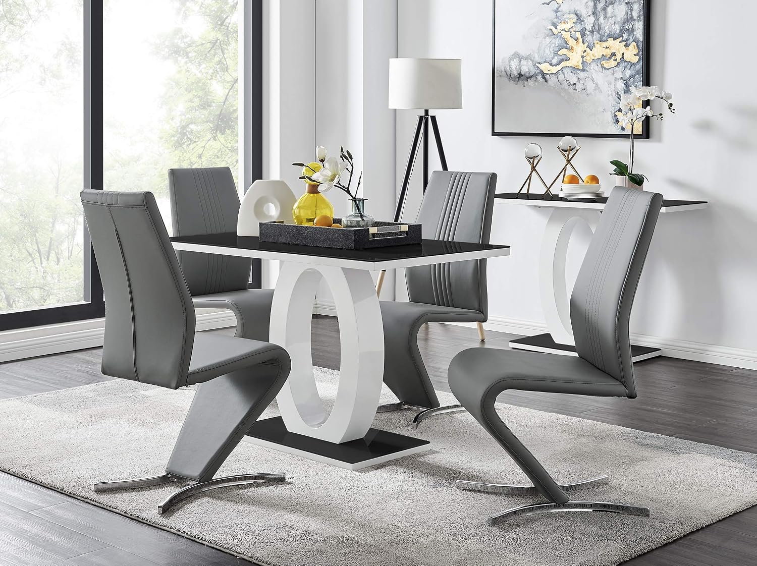 Furniturebox UK Giovani Black & White High Gloss Glass Dining Table with 4 Willow Chairs (Black & White High Gloss Glass Dining Table Set with 4 Elephant Grey Willow Chairs)