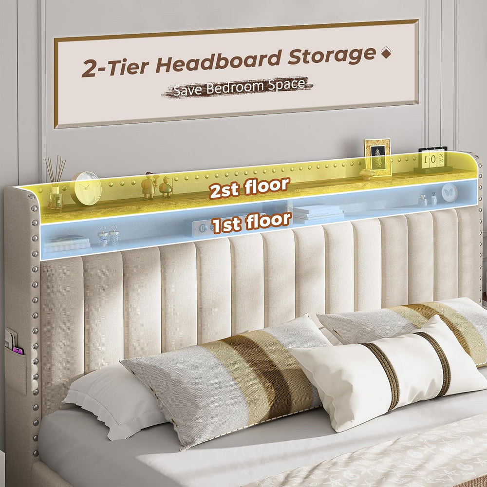 EnHomee King Size Bed Frame with 4 Storage Drawers & Storage Headboard