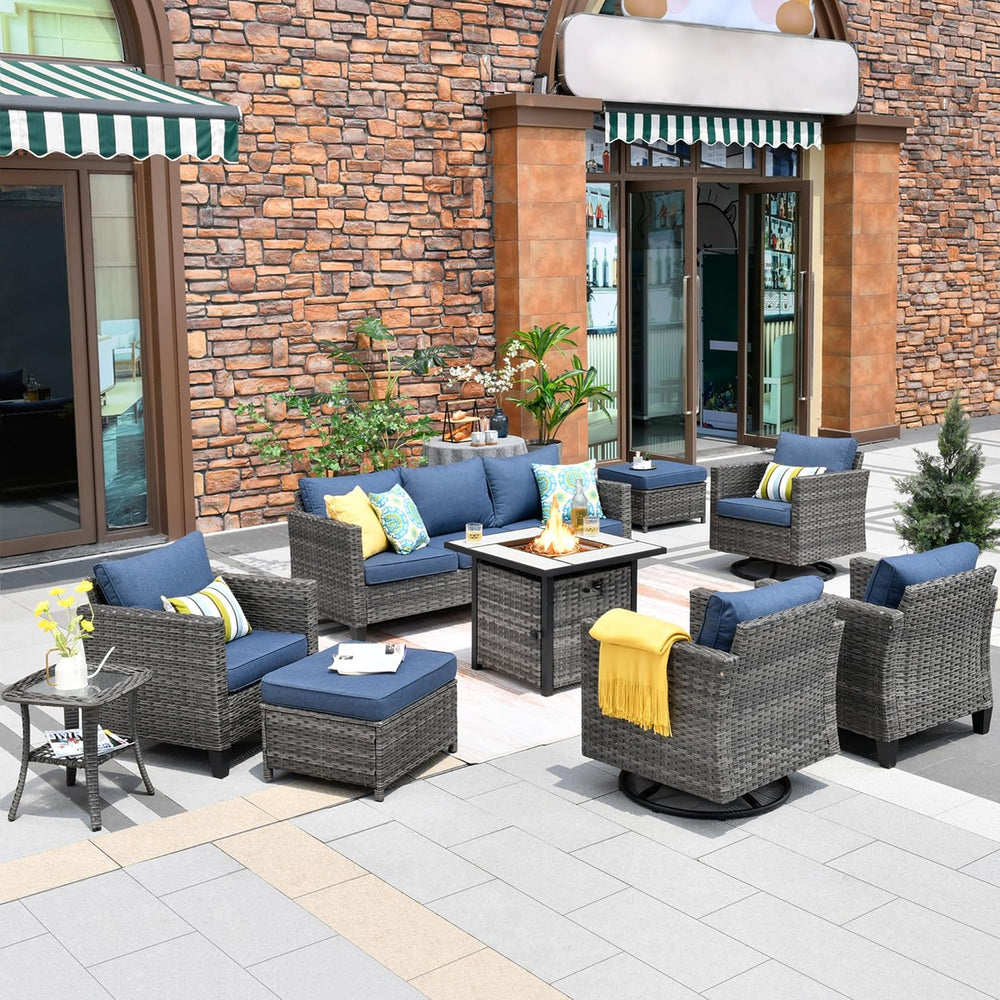 HOOOWOOO Patio Outdoor Conversation Set with Fire Pit Table,9 Piece Modern Ou...